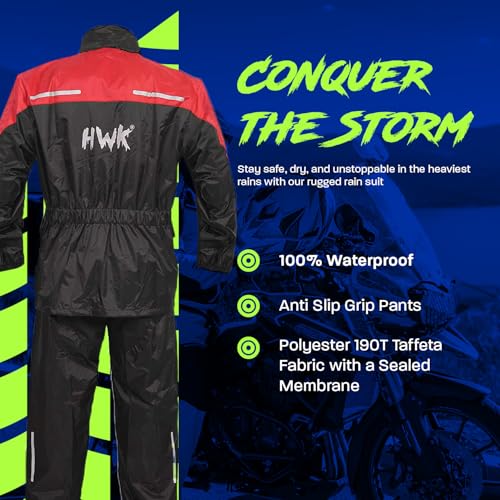 HWK Motorcycle Rain Suit for Men and Women, Two-Piece Waterproof Motorcycle Rain Gear with Reflective Jacket and Pants, All-Season Weatherproof Protection for Riding, Red, 3X-Large - Image 2