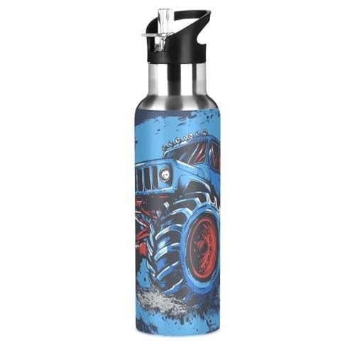 BOENLE Blue Truck Water Bottle Kids Boys Girls Insulated Stainless Steel Hot Cold Water Flask with Straw Lid for Sports Gym Running 20 oz - Image 1