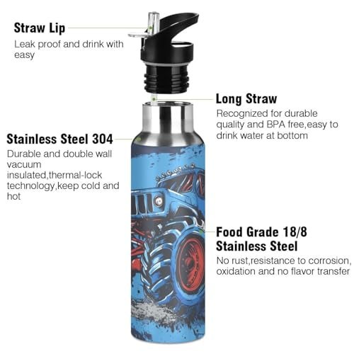 BOENLE Blue Truck Water Bottle Kids Boys Girls Insulated Stainless Steel Hot Cold Water Flask with Straw Lid for Sports Gym Running 20 oz - Image 3