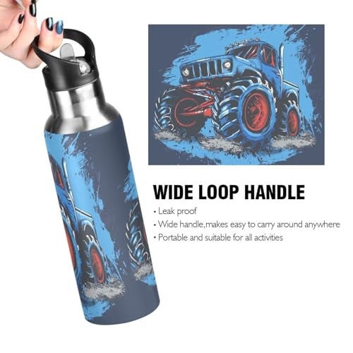 BOENLE Blue Truck Water Bottle Kids Boys Girls Insulated Stainless Steel Hot Cold Water Flask with Straw Lid for Sports Gym Running 20 oz - Image 2