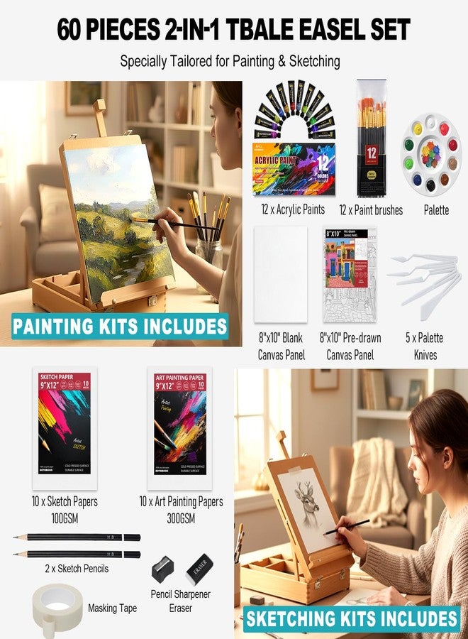 AOTEMOON Beechwood Tabletop Easel Set for Painting, 60 Pieces 2-in-1 Art Supplies Specially Tailored for Painting & Sketching, Portable Adjustable Sketchbox Art Easel for Beginners and Art Lovers - Image 2