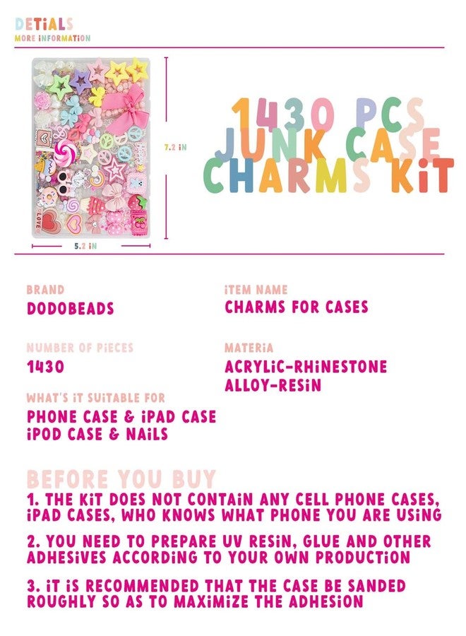 DoDoBeads 1430 Pcs Junk Phone Case Decoration Kit, Charms for Customizing Cases, Kawaii Bow, Letter Beads, Nail Accessories, Flatback Pearls, Rhinestones, Cute Aesthetic Decor for Personalization - Image 2