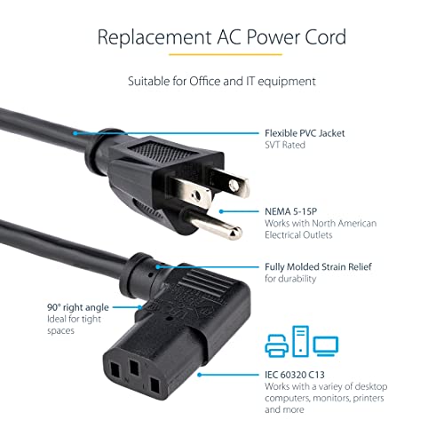 StarTech.com 10ft (3m) Computer Power Cord, 18AWG, NEMA 5-15P to Right Angle C13, 10A 125V, Replacement AC Power Cord, PC Power Supply Cable, Printer / Monitor Power Cord - UL Listed (PXT101L10) - Image 4
