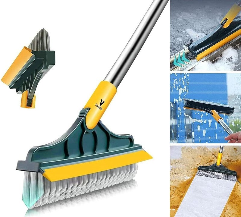 ASHGUJ Complete Bathroom Cleaning Set 2in1 Scrub Brush with Wiper Long Handle and 120 Rotation for Tiles and Floors 