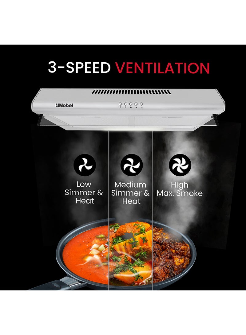Nobel 60 cm Built-in Hoods, Slim Hood, #430SS, Push Button, 3 Speeds, 3-Layer Aluminum Filter with Metal Handle (2pcs), 2x40W Normal Lamp Bulb, 1x65W Motor, 220m3/h, Efficient Kitchen Ventilation Solution NCH60ST Stainless Steel - Image 3