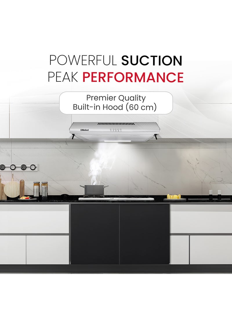 Nobel 60 cm Built-in Hoods, Slim Hood, #430SS, Push Button, 3 Speeds, 3-Layer Aluminum Filter with Metal Handle (2pcs), 2x40W Normal Lamp Bulb, 1x65W Motor, 220m3/h, Efficient Kitchen Ventilation Solution NCH60ST Stainless Steel - Image 2