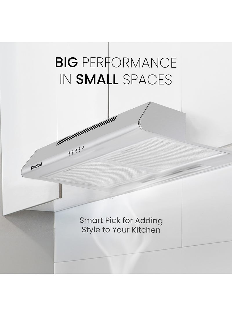 Nobel 60 cm Built-in Hoods, Slim Hood, #430SS, Push Button, 3 Speeds, 3-Layer Aluminum Filter with Metal Handle (2pcs), 2x40W Normal Lamp Bulb, 1x65W Motor, 220m3/h, Efficient Kitchen Ventilation Solution NCH60ST Stainless Steel - Image 4