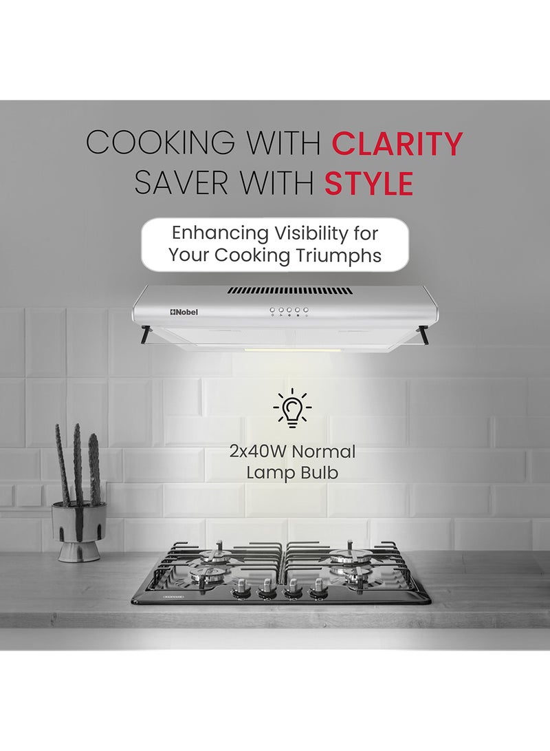 Nobel 60 cm Built-in Hoods, Slim Hood, #430SS, Push Button, 3 Speeds, 3-Layer Aluminum Filter with Metal Handle (2pcs), 2x40W Normal Lamp Bulb, 1x65W Motor, 220m3/h, Efficient Kitchen Ventilation Solution NCH60ST Stainless Steel - Image 5
