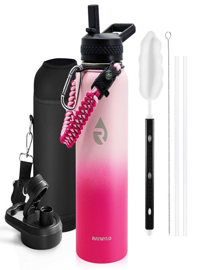RAYMYLO Insulated Water Bottle 40 oz, Triple Wall Vacuum Stainless Steel (Cold for 48 Hrs), Leak Proof & Non-BPA, Modern Water Flask Jug with Paracord Handle & Straw Spout Lids, Ombre Pink - Image 1