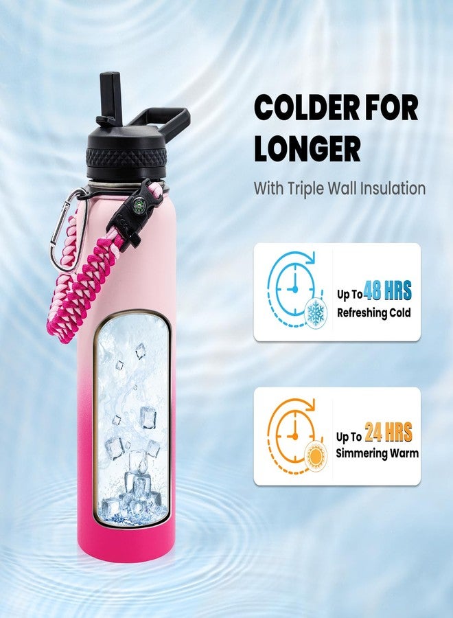 RAYMYLO Insulated Water Bottle 40 oz, Triple Wall Vacuum Stainless Steel (Cold for 48 Hrs), Leak Proof & Non-BPA, Modern Water Flask Jug with Paracord Handle & Straw Spout Lids, Ombre Pink - Image 2