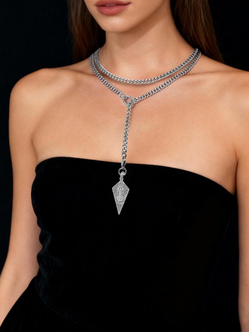 EverGlimp Knight's Shield Slip Chain Choker with Diamond Relief Pendant, Adjustable Long Y-Lariat Necklace for Women in 316 Stainless Steel, 39'' - Image 4