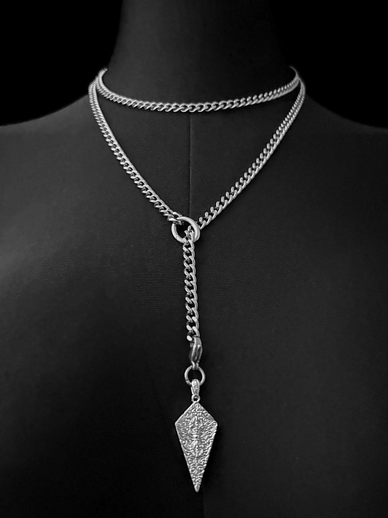 EverGlimp Knight's Shield Slip Chain Choker with Diamond Relief Pendant, Adjustable Long Y-Lariat Necklace for Women in 316 Stainless Steel, 39'' - Image 2
