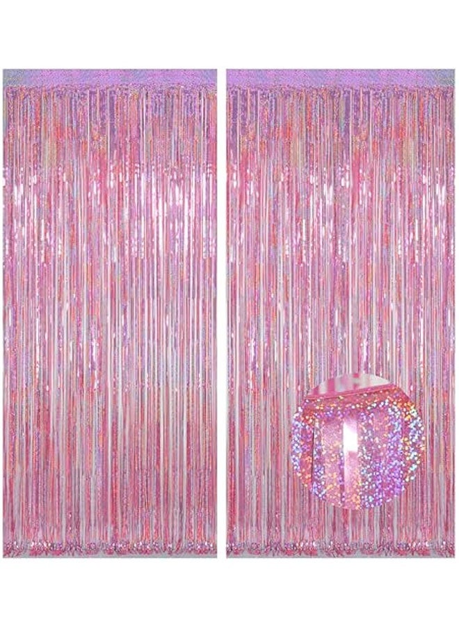 Pink Tinsel Foil Curtains Backdrop, 3.28 ft x 6.56 ft Sparkle Metallic Foil Curtains for Unicorn Mermaid Princess Party Photo Background Decoration, 2 Pack - Image 1