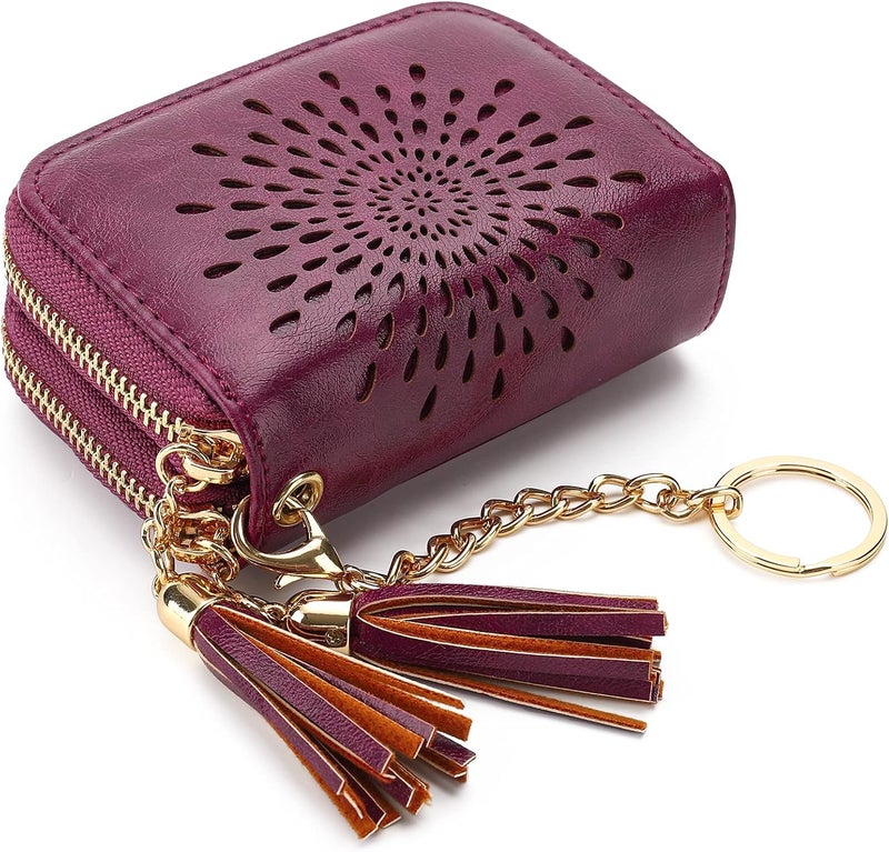 APHISON RFID Credit Card Holder Zipper Card Case Keychain Small Wallet for Women 1942-2 PURPLISH-RED - Image 1