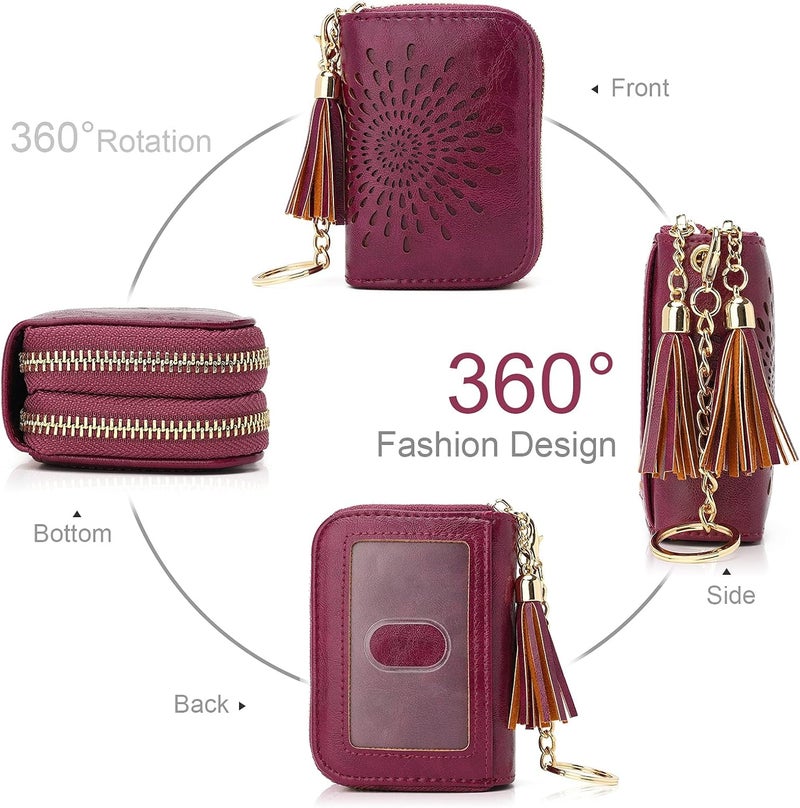 APHISON RFID Credit Card Holder Zipper Card Case Keychain Small Wallet for Women 1942-2 PURPLISH-RED - Image 2