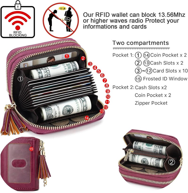 APHISON RFID Credit Card Holder Zipper Card Case Keychain Small Wallet for Women 1942-2 PURPLISH-RED - Image 3
