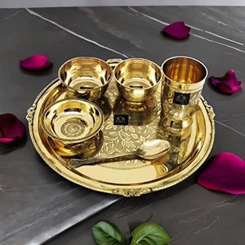 NYRA Solid Pure Brass Premium Peetal Embossed Thali Set Of 6 Pieces - 2 Bowls, 1 Glass, 1 Plate, 1 Pudding Bowl And 1 Spoon Luxury Restaurant Ware Home Hotel - Image 2