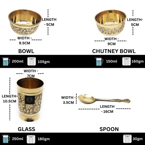 NYRA Solid Pure Brass Premium Peetal Embossed Thali Set Of 6 Pieces - 2 Bowls, 1 Glass, 1 Plate, 1 Pudding Bowl And 1 Spoon Luxury Restaurant Ware Home Hotel - Image 4