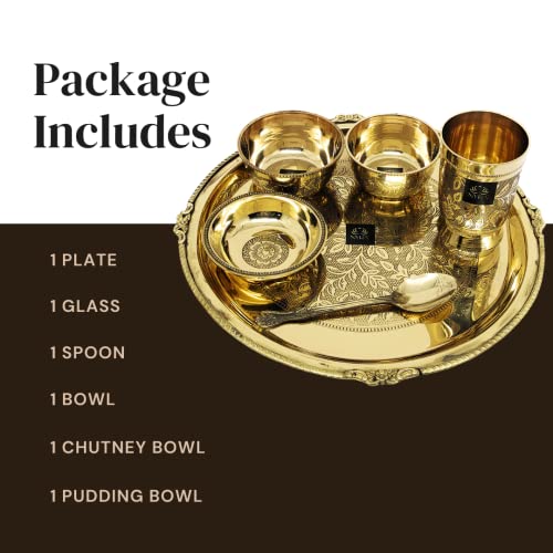 NYRA Solid Pure Brass Premium Peetal Embossed Thali Set Of 6 Pieces - 2 Bowls, 1 Glass, 1 Plate, 1 Pudding Bowl And 1 Spoon Luxury Restaurant Ware Home Hotel - Image 5