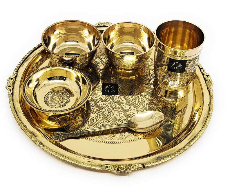 NYRA Solid Pure Brass Premium Peetal Embossed Thali Set Of 6 Pieces - 2 Bowls, 1 Glass, 1 Plate, 1 Pudding Bowl And 1 Spoon Luxury Restaurant Ware Home Hotel - Image 1