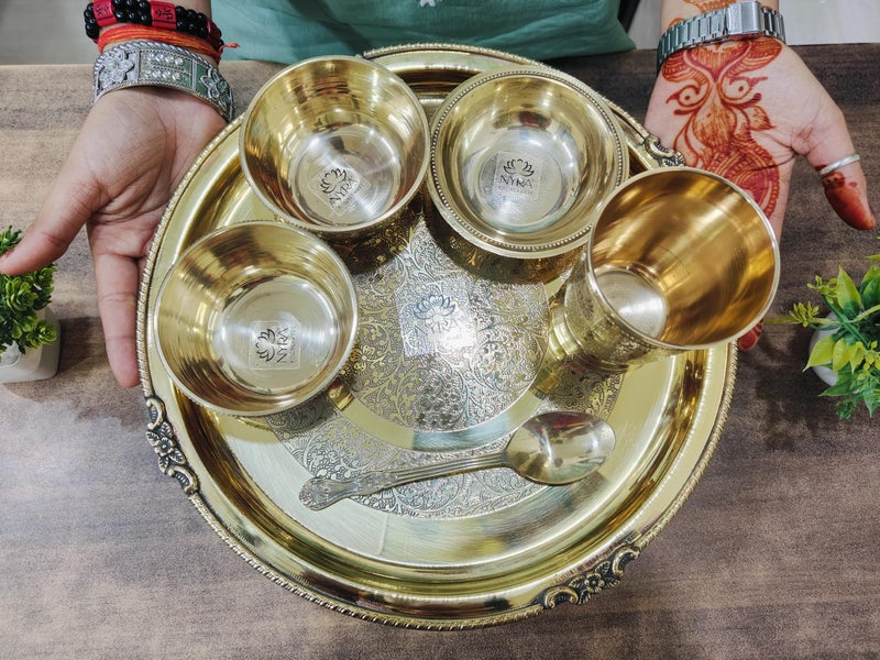 NYRA Solid Pure Brass Premium Peetal Embossed Thali Set Of 6 Pieces - 2 Bowls, 1 Glass, 1 Plate, 1 Pudding Bowl And 1 Spoon Luxury Restaurant Ware Home Hotel - Image 3