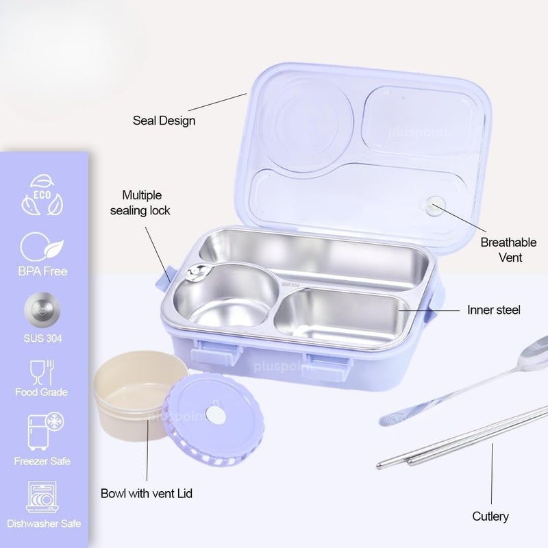 PLUSPOINT Bento Lunch box Insulated Air tight Portable Lunch Box with Utensils, Stainless Steel Lunch Box with Containers, Leak Proof Bento Box for kids, Adults, Men Women (Purple) - Image 3