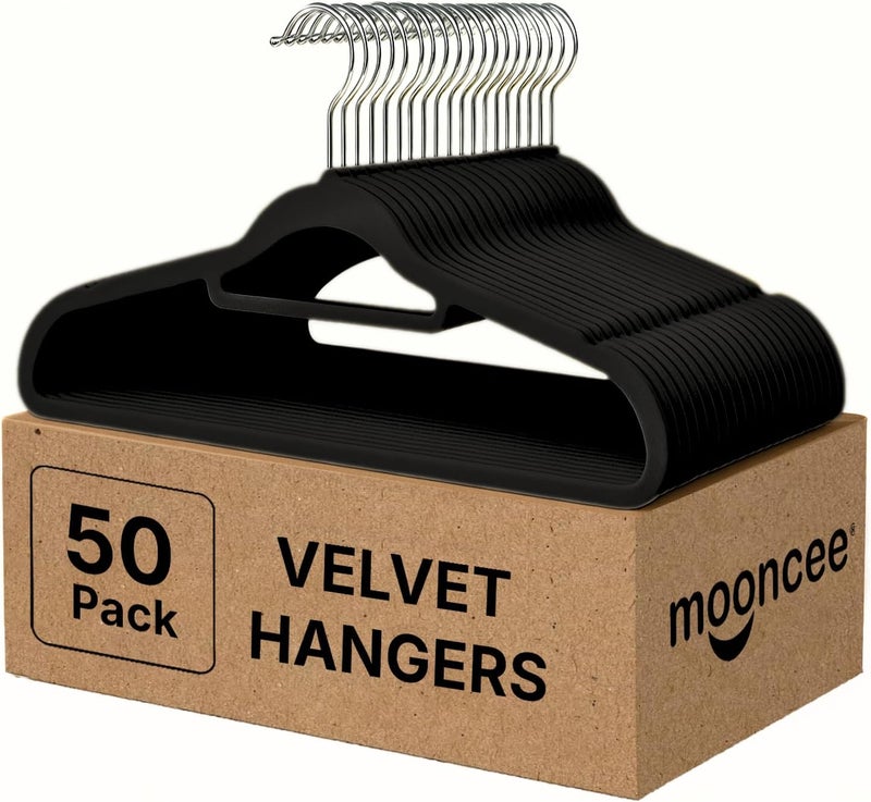 MOONCEE 50 PCs Premium Velvet Hangers - Non-Slip & Durable Clothes Hangers - 360° Swivel Hook Heavy Duty Coat Hangers, Space Saving Suits, Pants Hangers for Closet, Garment Shops, Hotels - Image 1