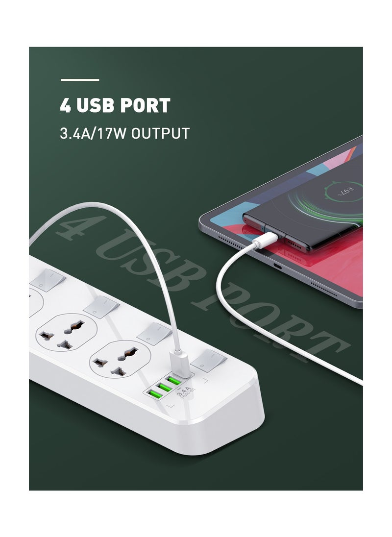 CAROSKI Power Extension Cord 17W with 4 AC Outlets and 4USB Outlets with 2M Extension cable and Surge Protection Power Strip  - Image 3