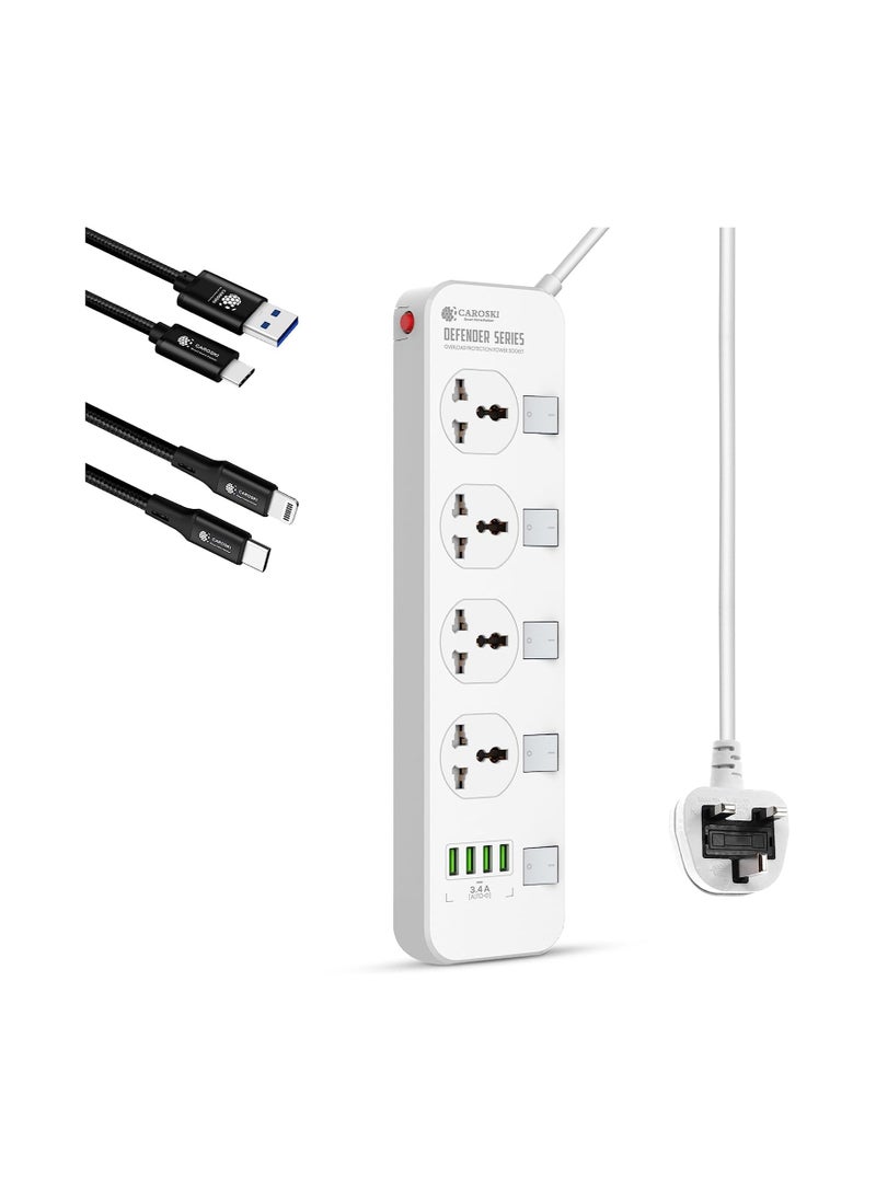 CAROSKI Power Extension Cord 17W with 4 AC Outlets and 4USB Outlets with 2M Extension cable and Surge Protection Power Strip  - Image 1