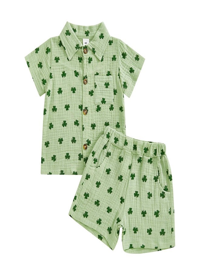 Mobbdow Toddler Baby Boy St Patricks Day Outfit Clover Button Down Short Sleeve Muslin Shirt Top and Shorts Set Irish Clothes (A-Green, 2-3T) - Image 1