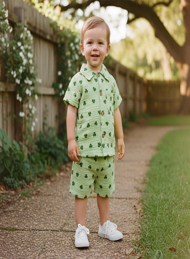 Mobbdow Toddler Baby Boy St Patricks Day Outfit Clover Button Down Short Sleeve Muslin Shirt Top and Shorts Set Irish Clothes (A-Green, 2-3T) - Image 4
