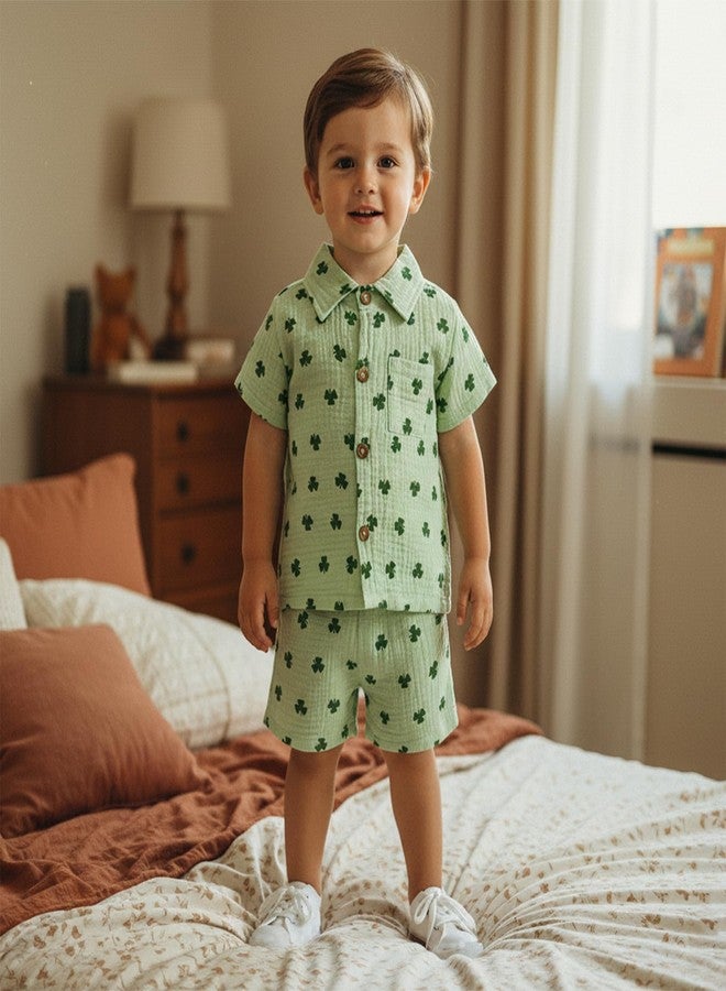Mobbdow Toddler Baby Boy St Patricks Day Outfit Clover Button Down Short Sleeve Muslin Shirt Top and Shorts Set Irish Clothes (A-Green, 2-3T) - Image 2