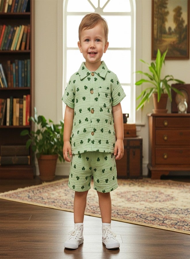 Mobbdow Toddler Baby Boy St Patricks Day Outfit Clover Button Down Short Sleeve Muslin Shirt Top and Shorts Set Irish Clothes (A-Green, 2-3T) - Image 3