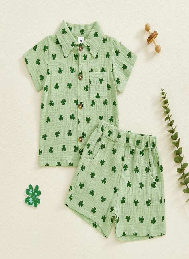 Mobbdow Toddler Baby Boy St Patricks Day Outfit Clover Button Down Short Sleeve Muslin Shirt Top and Shorts Set Irish Clothes (A-Green, 2-3T) - Image 5