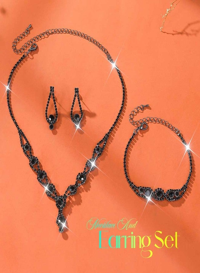 Unicra Black Bridal Wedding Jewelry Set Rhinestone Necklace Earrings Bracelet Sets Formal Prom Costume Jewelry Sets for Women and Brides (Black Plated - Black) - Image 2