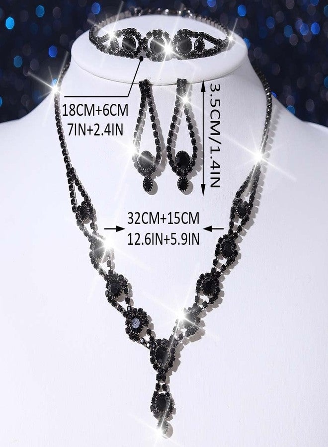 Unicra Black Bridal Wedding Jewelry Set Rhinestone Necklace Earrings Bracelet Sets Formal Prom Costume Jewelry Sets for Women and Brides (Black Plated - Black) - Image 4