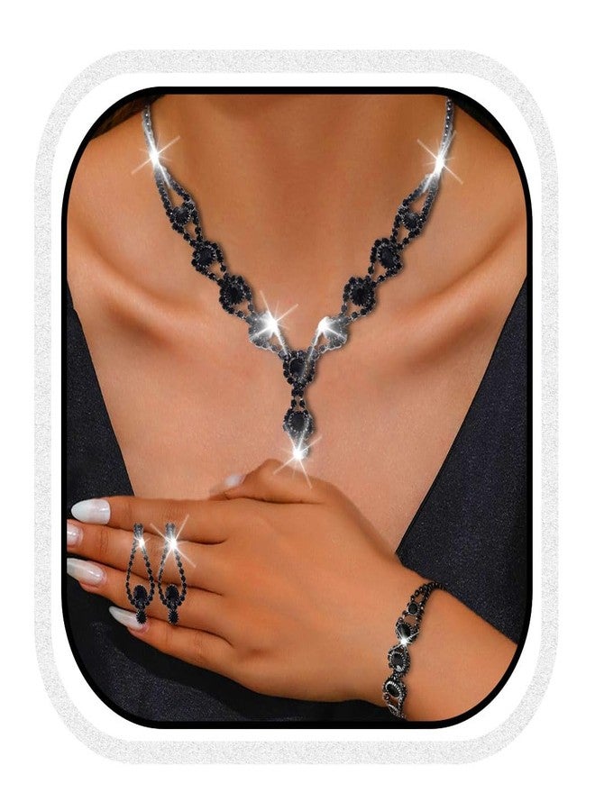 Unicra Black Bridal Wedding Jewelry Set Rhinestone Necklace Earrings Bracelet Sets Formal Prom Costume Jewelry Sets for Women and Brides (Black Plated - Black) - Image 1