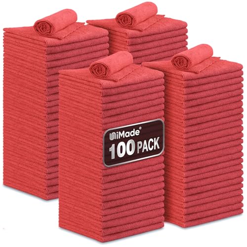 UNIMADE Shop Towels, 100 Pack Commercial Grade Work Rags Microfiber Towels for Cars Cleaning Rag Bulk Detailing Cloth for Automotive Bar Mechanic Restaurant Garage Housekeeping, 11.5"x 11.5", Red - Image 1