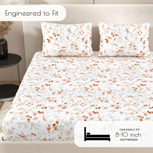 Plumora Queen Size Fitted Bedsheet Cotton with Elastic, 100% Pure Cotton Double Bed Fitted Sheet with 2 Pillow Covers, 240 TC, 60×78 Inches up to 8-inch Mattress, Floral Design – (Cherry Blossom) - Image 3