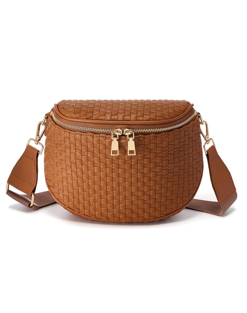 MEISEY Trendy Woven Checkered Crossbody Bum Bag for Womenï¼ŒPU Leather Checkered Purse Fanny Packs Belt Bag (Woven Bum Bag - Pure Brown) - Image 1
