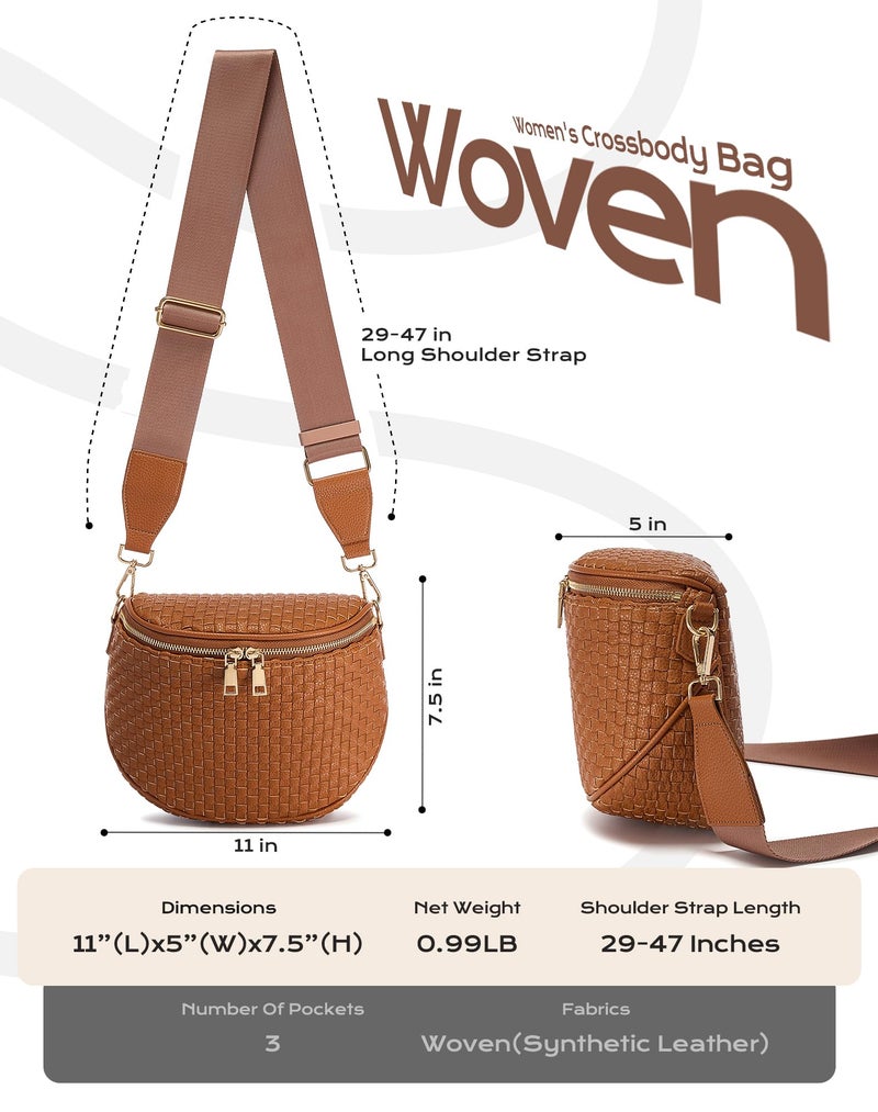 MEISEY Trendy Woven Checkered Crossbody Bum Bag for Womenï¼ŒPU Leather Checkered Purse Fanny Packs Belt Bag (Woven Bum Bag - Pure Brown) - Image 3