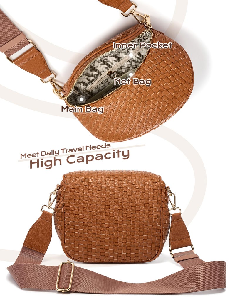 MEISEY Trendy Woven Checkered Crossbody Bum Bag for Womenï¼ŒPU Leather Checkered Purse Fanny Packs Belt Bag (Woven Bum Bag - Pure Brown) - Image 4