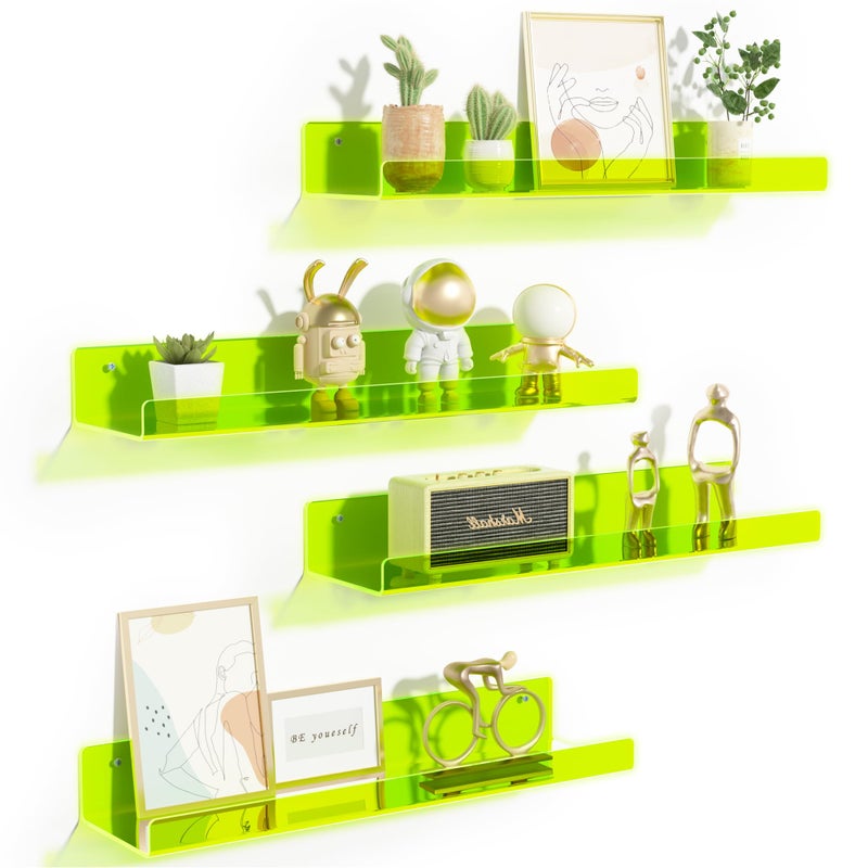 upsimples Acrylic Shelves for Wall Decor, 15" Display Shelf for Figure, Nail Polish, Wall Organizer for Bathroom, Bedroom, Living Room, Playroom, Kids Bookshelf, Clear Fluorescent Green, 4 Pack - Image 1