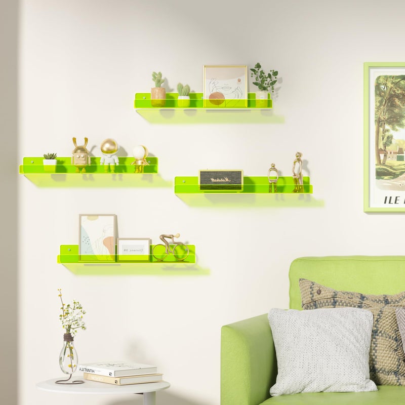 upsimples Acrylic Shelves for Wall Decor, 15" Display Shelf for Figure, Nail Polish, Wall Organizer for Bathroom, Bedroom, Living Room, Playroom, Kids Bookshelf, Clear Fluorescent Green, 4 Pack - Image 2