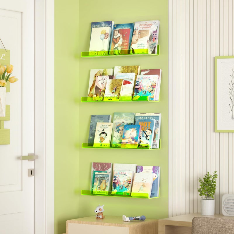 upsimples Acrylic Shelves for Wall Decor, 15" Display Shelf for Figure, Nail Polish, Wall Organizer for Bathroom, Bedroom, Living Room, Playroom, Kids Bookshelf, Clear Fluorescent Green, 4 Pack - Image 3
