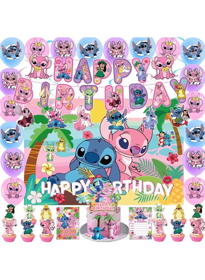 JEEJPV Stitch Balloon Set with Happy Birthday Banner,Cake Topper,Hanging Spins,Perfect for Graduation Baby Shower Birthday Bachelorette Party Backdrop Decoration,Suitable for Indoor and Outdoor - Image 1