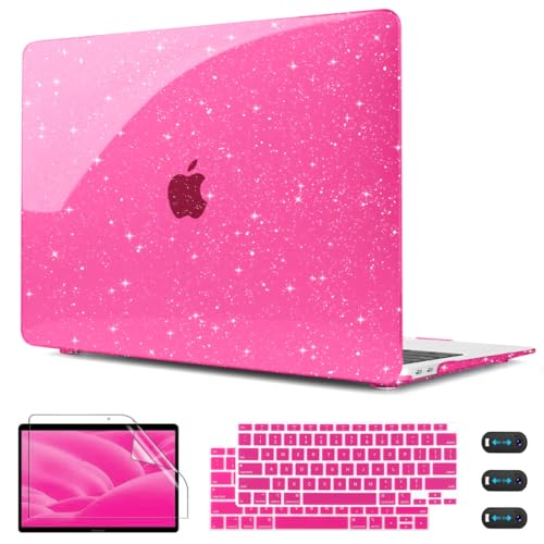 CISSOOK Rose Pink Glitter Case for MacBook Air 13 Inch 2021 2020 2018 Release Model A2337 M1 A2179 A1932, Sparkly Hot Pink Hard Shell Case with Keyboard Cover for MacBook Air13 2020-2021 with Touch ID - Image 1