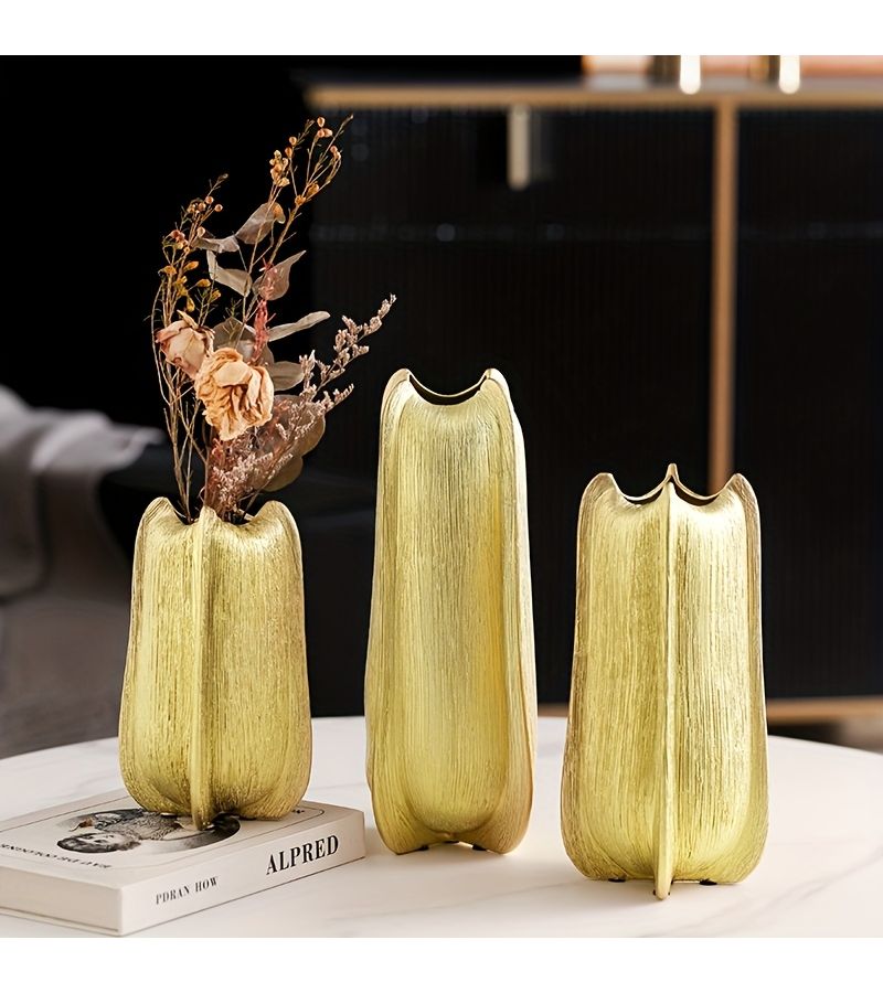Golden Ceramic Decorative Vase Set 2 Pieces Large Small - Image 5