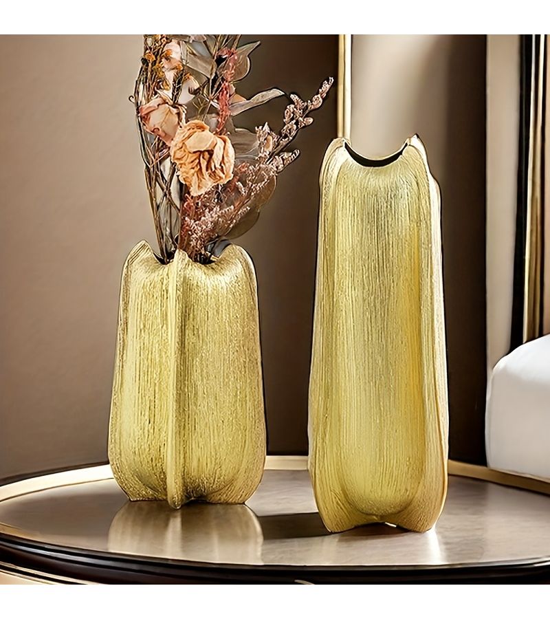 Golden Ceramic Decorative Vase Set 2 Pieces Large Small - Image 1