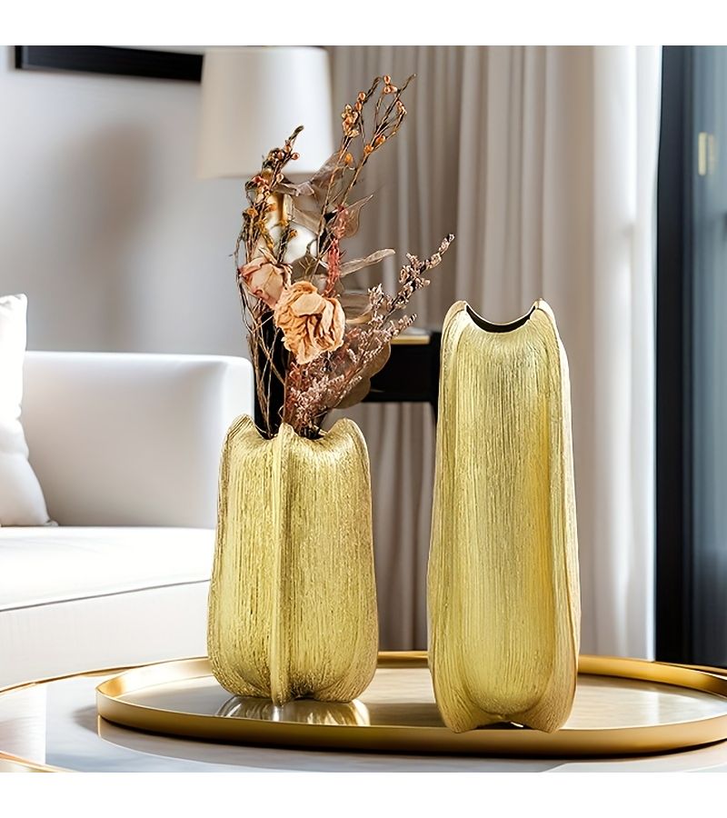 Golden Ceramic Decorative Vase Set 2 Pieces Large Small - Image 4